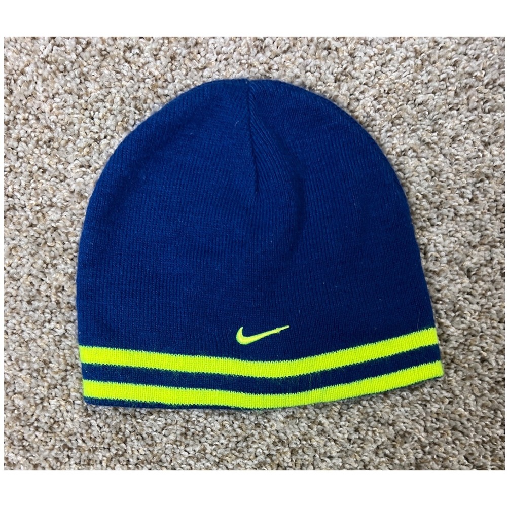 Nike Beanie Knit Hat Blue Neon Yellow Stripe Swoosh Logo Athletic Skull Cap